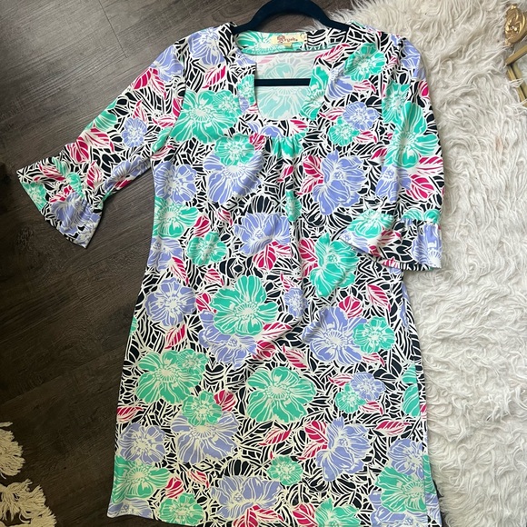 NWOT medium floral ruffle aryeh dress spandex nylon - Picture 2 of 8